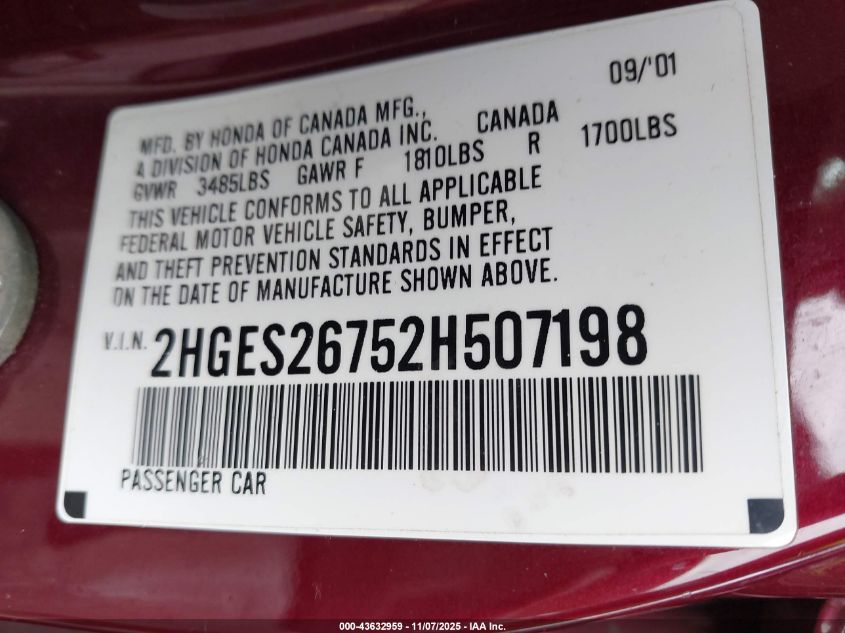 2002 Honda Civic Ex VIN: 2HGES26752H507198 Lot: 43632959