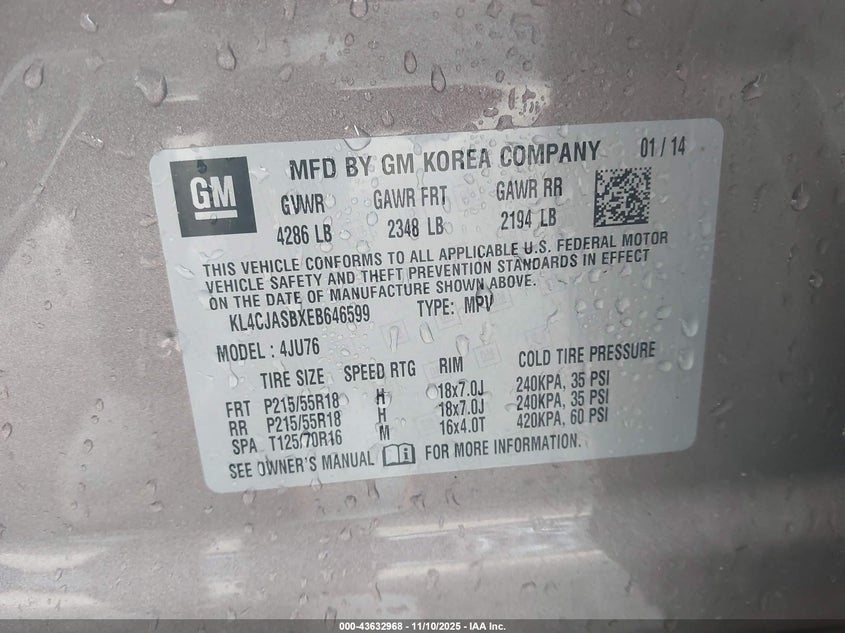 2014 Buick Encore VIN: KL4CJASBXEB646599 Lot: 43632968