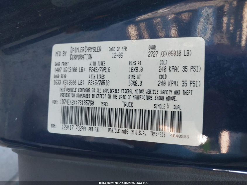 2007 Dodge Dakota Slt VIN: 1D7HE42K47S165760 Lot: 43632978