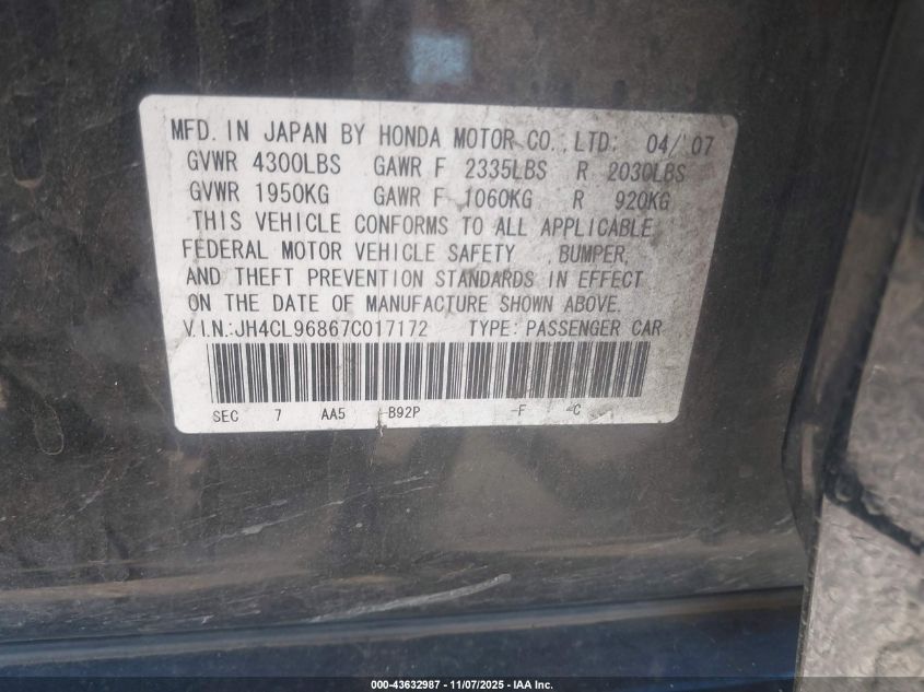 2007 Acura Tsx VIN: JH4CL96867C017172 Lot: 43632987