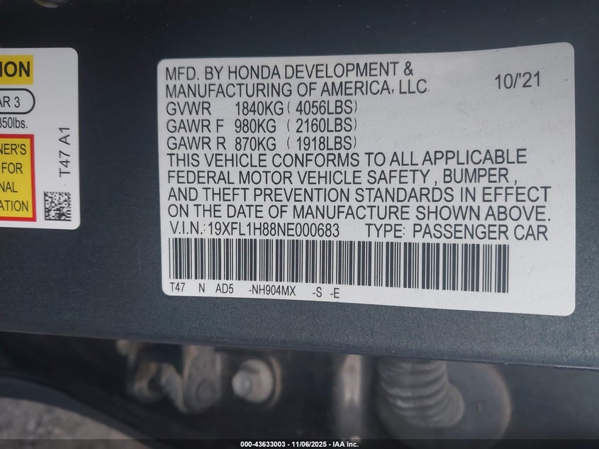 2022 HONDA CIVIC SPORT TOURING - 19XFL1H88NE000683