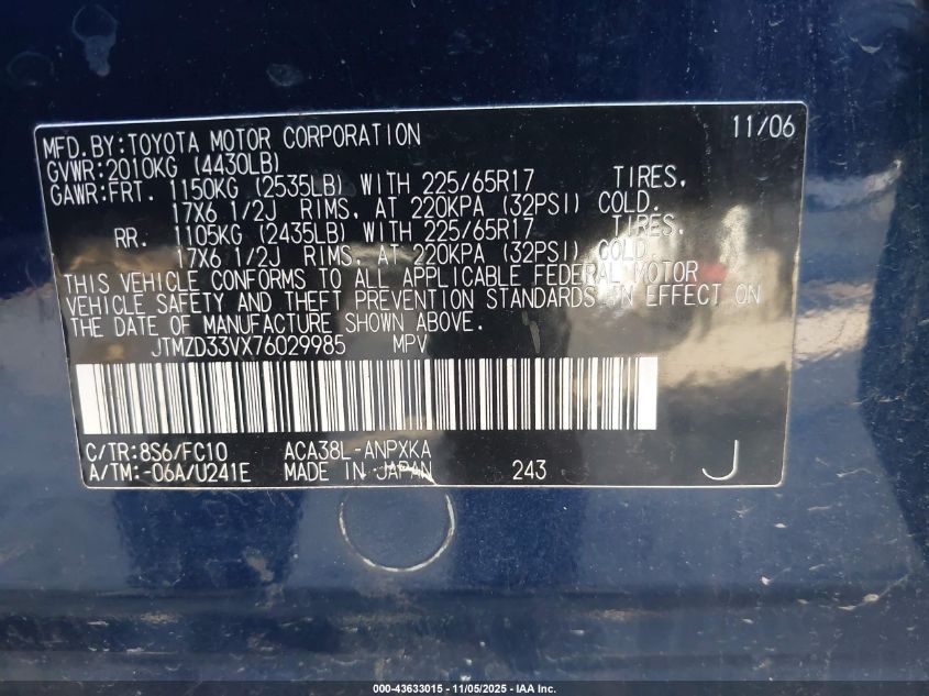 2007 Toyota Rav4 VIN: JTMZD33VX76029985 Lot: 43633015