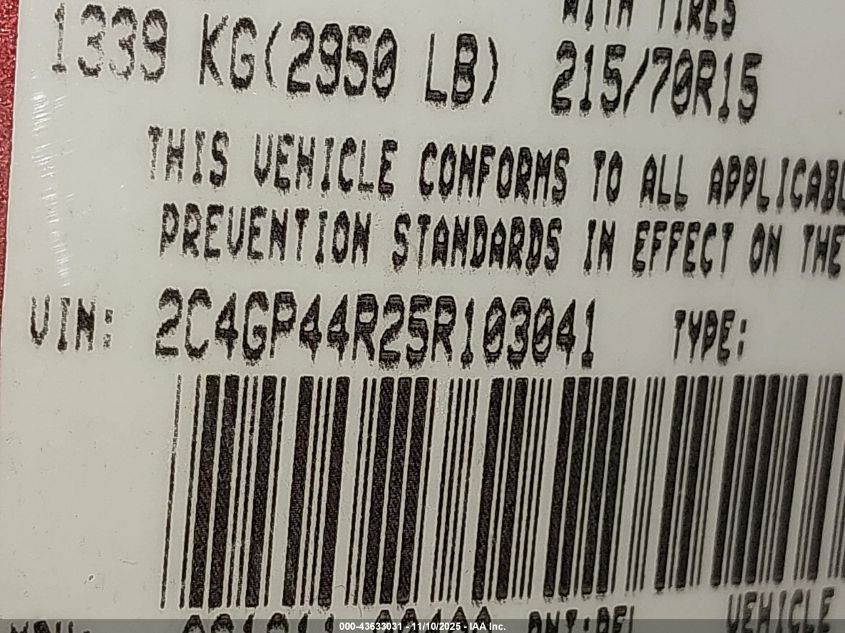2005 Chrysler Town & Country Lx VIN: 2C4GP44R25R103041 Lot: 43633031