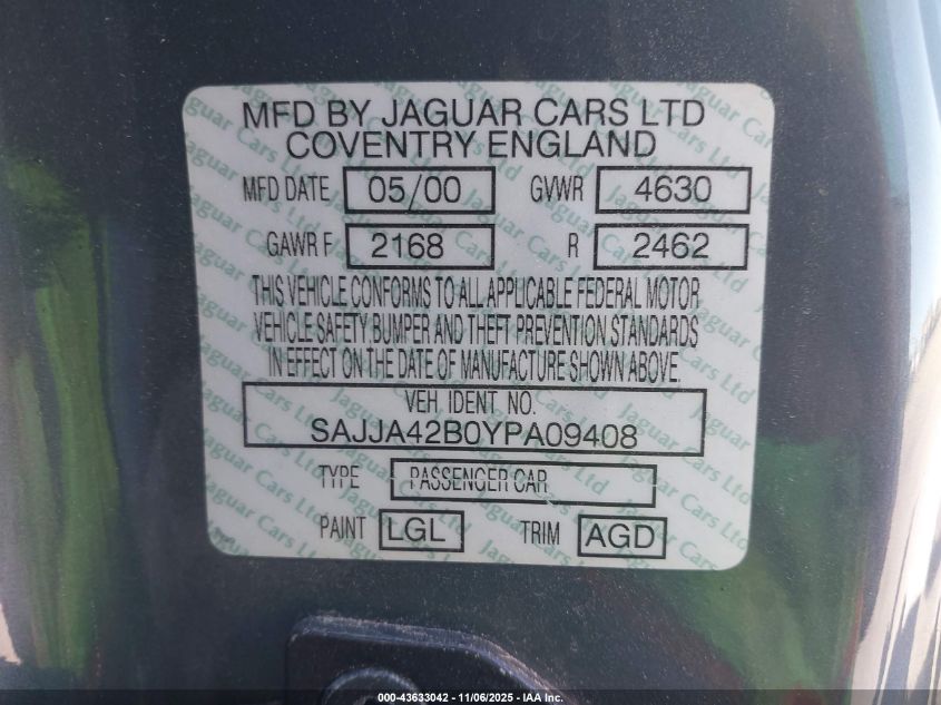2000 Jaguar Xkr VIN: SAJJA42B0YPA09408 Lot: 43633042