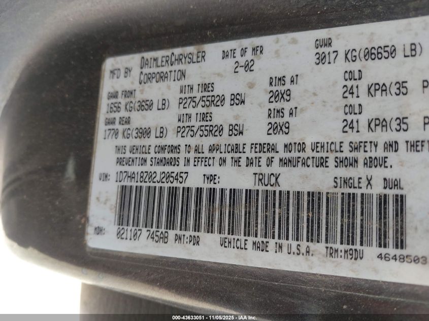 2002 Dodge Ram 1500 St VIN: 1D7HA18Z02J205457 Lot: 43633051