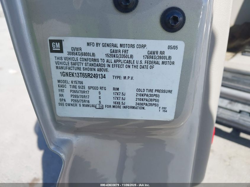 2005 Chevrolet Tahoe Z71 VIN: 1GNEK13T65R249134 Lot: 43633079