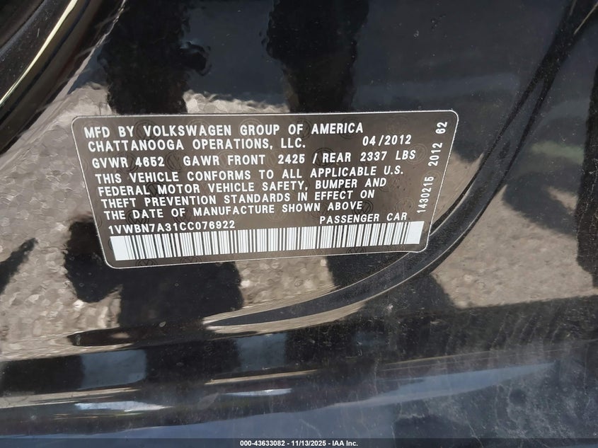 1VWBN7A31CC076922 2012 VOLKSWAGEN PASSAT photo no. 9