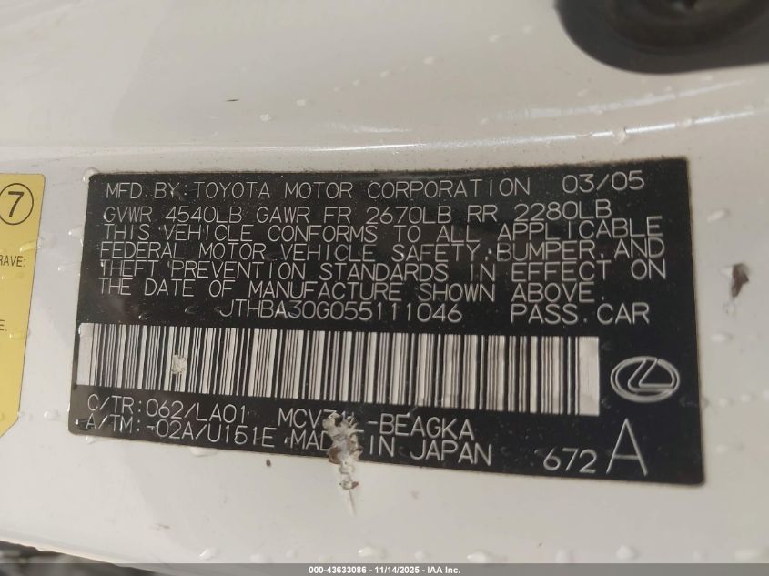 2005 Lexus Es 330 VIN: JTHBA30G055111046 Lot: 43633086