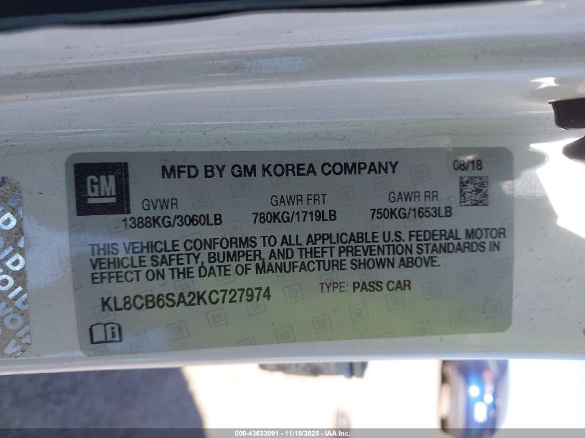 2019 Chevrolet Spark Ls Cvt VIN: KL8CB6SA2KC727974 Lot: 43633091