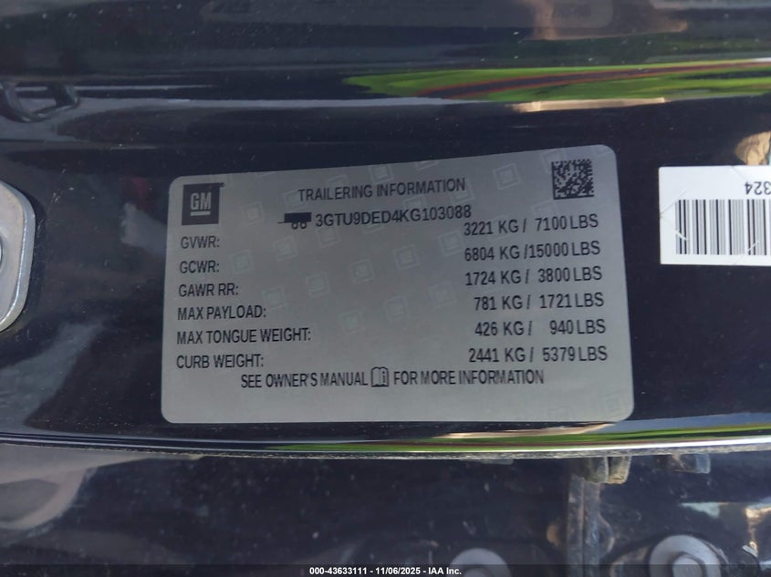 2019 GMC Sierra 1500 Slt VIN: 3GTU9DED4KG103088 Lot: 43633111