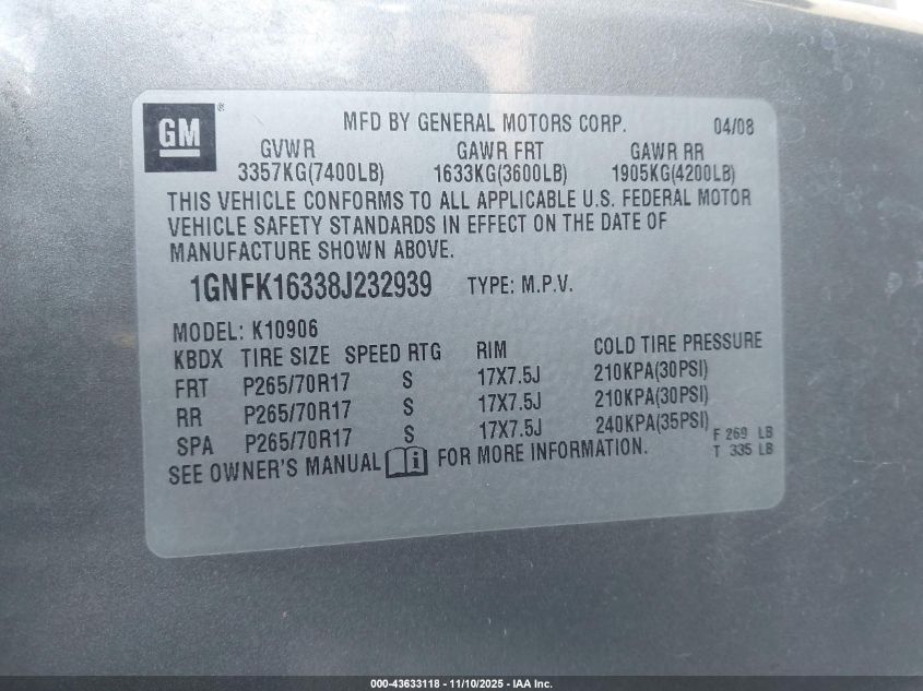 2008 Chevrolet Suburban 1500 Lt VIN: 1GNFK16338J232939 Lot: 43633118