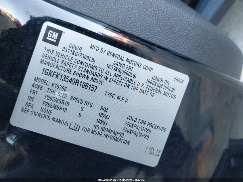 2009 GMC Yukon Hybrid VIN: 1GKFK13549R106157 Lot: 43633126