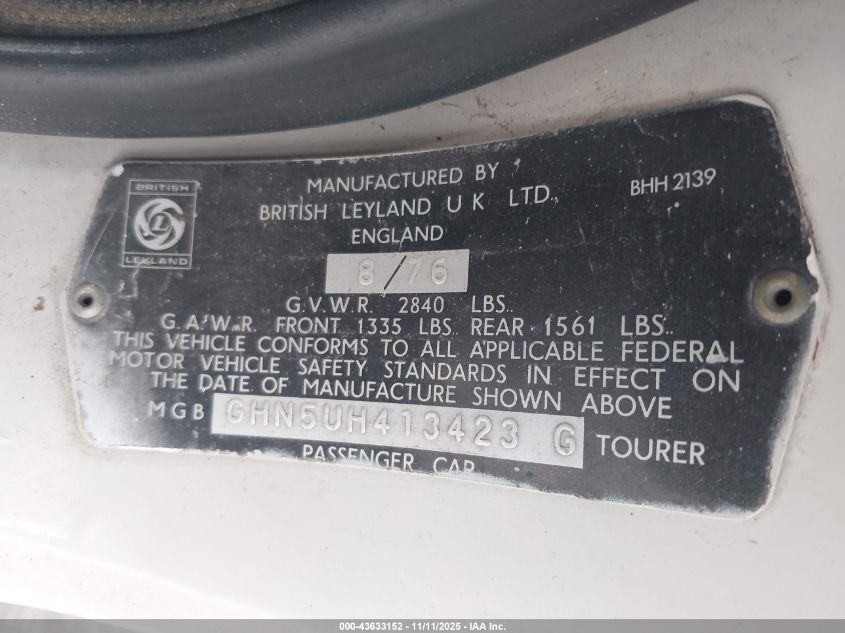 1977 Mg Mgb VIN: GHN5UH413423G Lot: 43633152