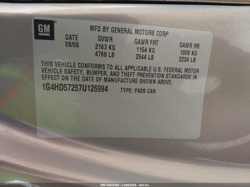 2007 Buick Lucerne Cxl VIN: 1G4HD57257U126994 Lot: 43633163