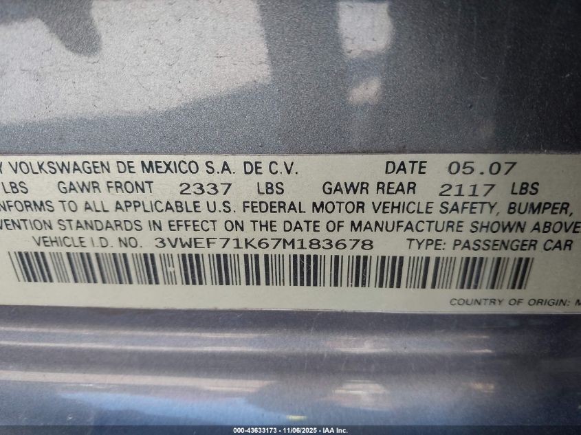 2007 Volkswagen Jetta Wolfsburg Edition VIN: 3VWEF71K67M183678 Lot: 43633173
