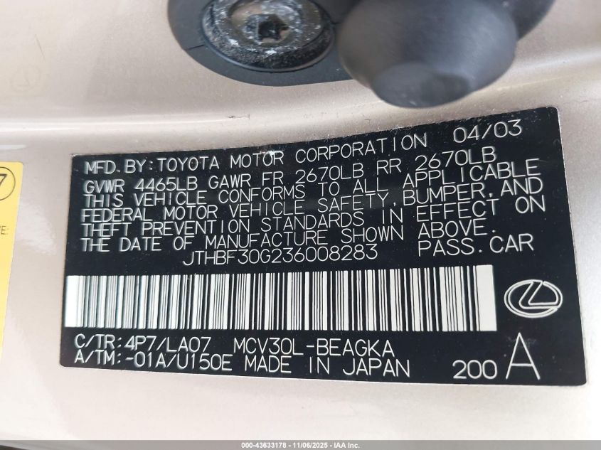 2003 Lexus Es 300 VIN: JTHBF30G236008283 Lot: 43633178