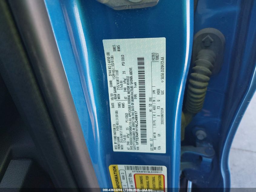 2022 Ford Ranger Xl VIN: 1FTER4FH1NLD49917 Lot: 43633204