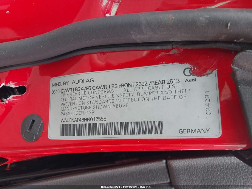 2017 Audi A4 2.0T Premium VIN: WAUENAF46HN012558 Lot: 43633221