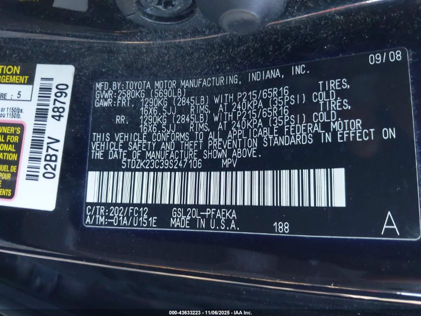 2009 Toyota Sienna Le VIN: 5TDZK23C39S247106 Lot: 43633223