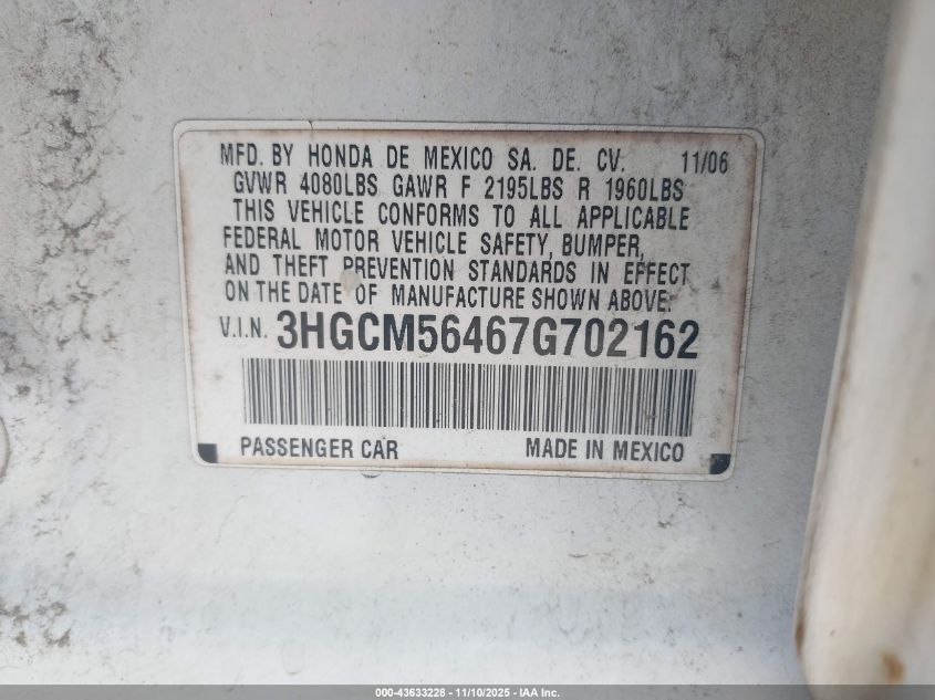 2007 Honda Accord 2.4 Lx VIN: 3HGCM56467G702162 Lot: 43633228