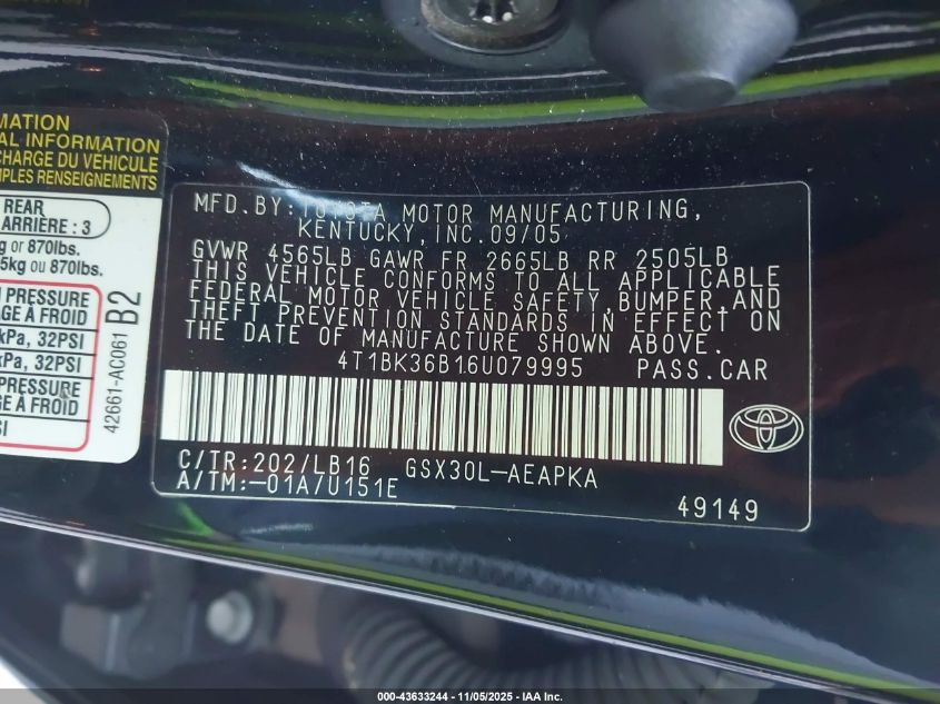 2006 Toyota Avalon Limited VIN: 4T1BK36B16U079995 Lot: 43633244