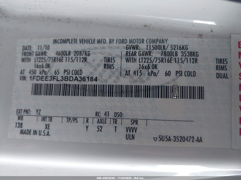 2011 Ford E-350 Cutaway VIN: 1FDEE3FL3B0436184 Lot: 43633245