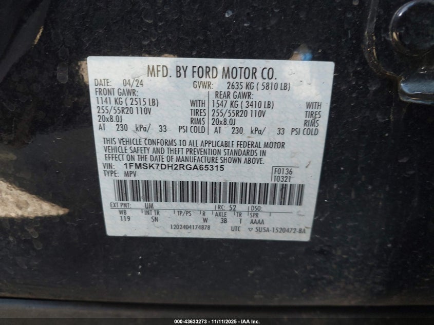 2024 FORD EXPLORER 2.3L I-4 DI, DOHC, V(VIN: 1FMSK7DH2RGA65315