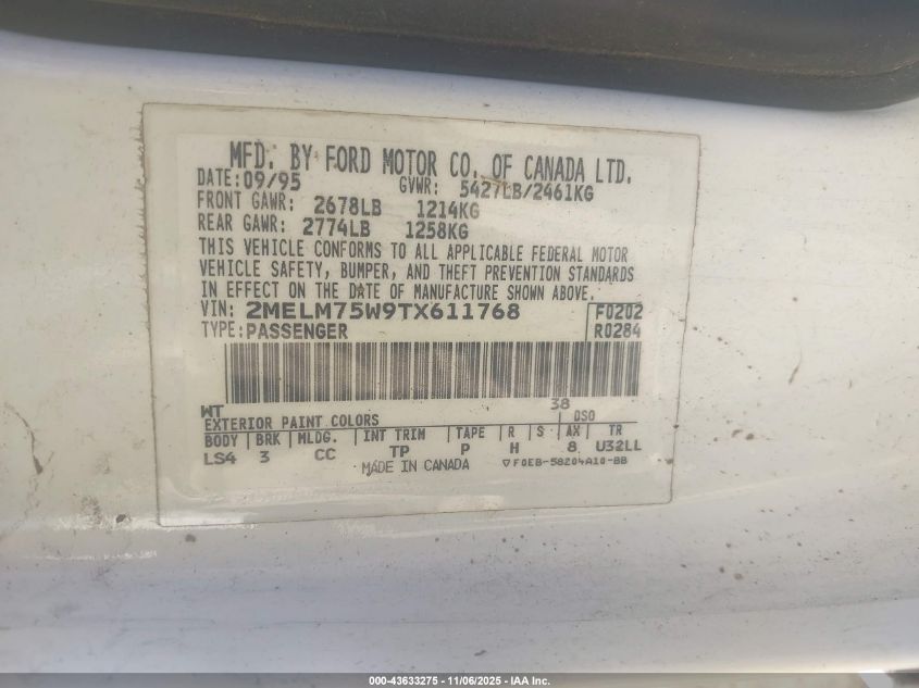 1996 Mercury Grand Marquis Ls/Bayshore VIN: 2MELM75W9TX611768 Lot: 43633275