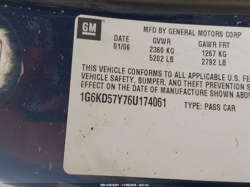 2006 Cadillac Dts Standard VIN: 1G6KD57Y76U174061 Lot: 43633291