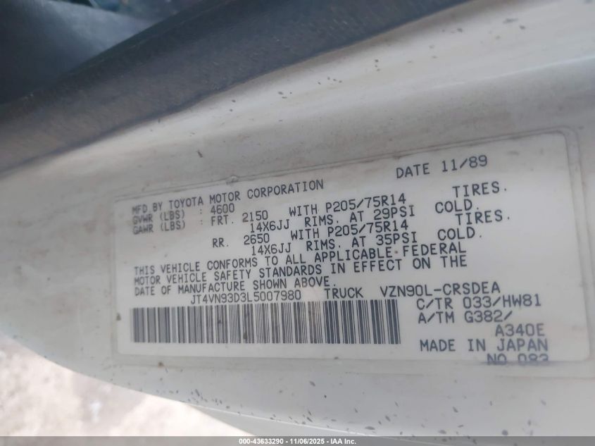 1990 Toyota Pickup 1/2 Ton Ex Lng Whlbse Dlx VIN: JT4VN93D3L5007980 Lot: 43633290