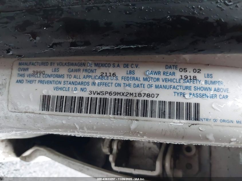 2002 Volkswagen Jetta Gls Tdi VIN: 3VWSP69MX2M187807 Lot: 43633297