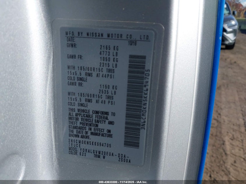 2019 Nissan Nv200 Sv VIN: 3N6CM0KN5KK694705 Lot: 43633300