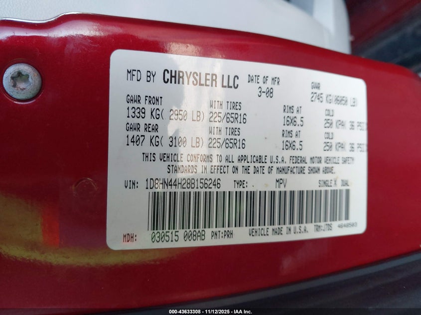 2008 Dodge Grand Caravan Se VIN: 1D8HN44H28B156246 Lot: 43633308