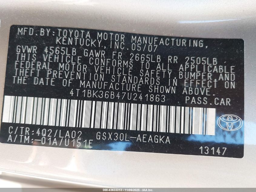 2007 Toyota Avalon Xls VIN: 4T1BK36B47U241863 Lot: 43633313