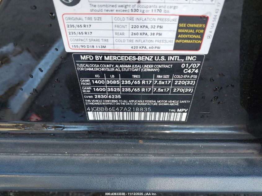 2007 Mercedes-Benz Ml 350 4Matic VIN: 4JGBB86E47A218835 Lot: 43633330