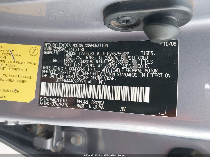 2009 Toyota Highlander Hybrid Limited VIN: JTEEW44A092030434 Lot: 43633333
