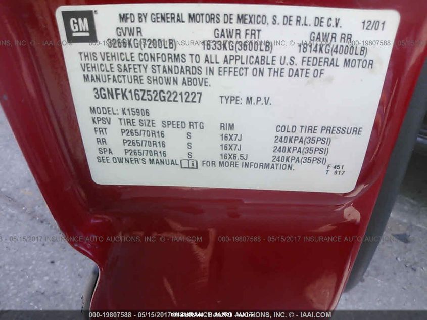 2002 Chevrolet Suburban Lt VIN: 3GNFK16Z52G221227 Lot: 43633344