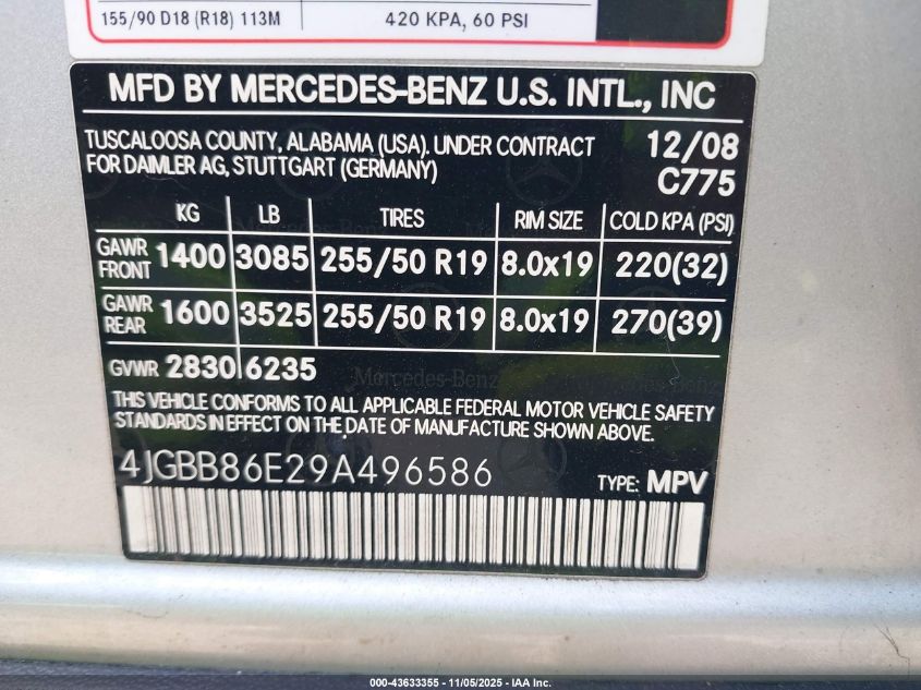 2009 Mercedes-Benz Ml 350 4Matic VIN: 4JGBB86E29A496586 Lot: 43633355