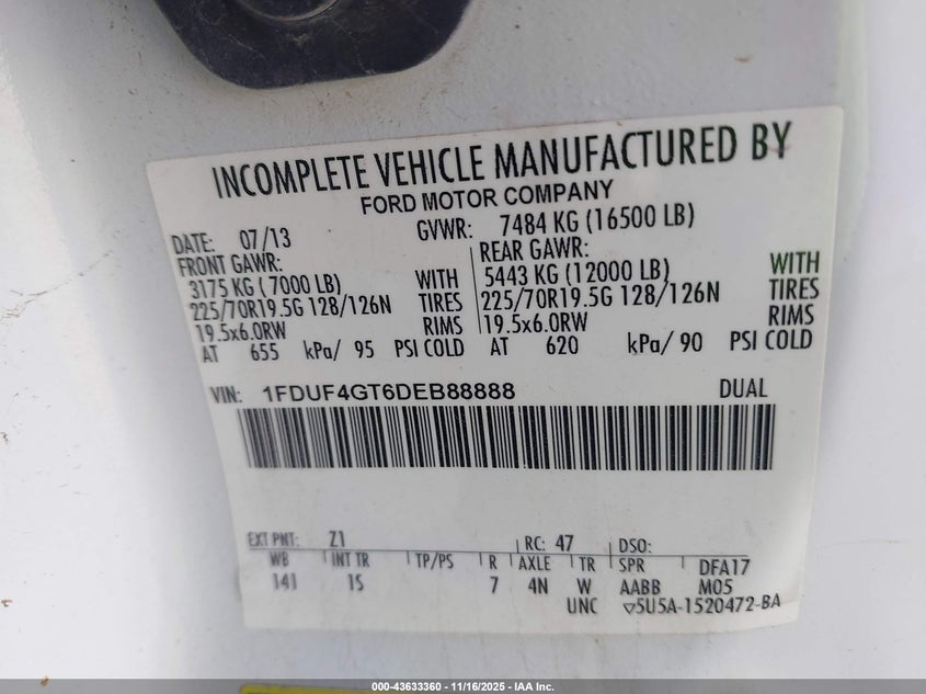 2013 Ford F-450 Chassis Xl VIN: 1FDUF4GT6DEB88888 Lot: 43633360