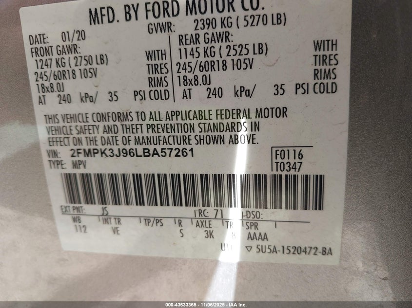2020 FORD EDGE SEL 2FMPK3J96LBA57261