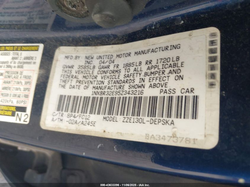 2005 Toyota Corolla S VIN: 1NXBR32E95Z343216 Lot: 43633396