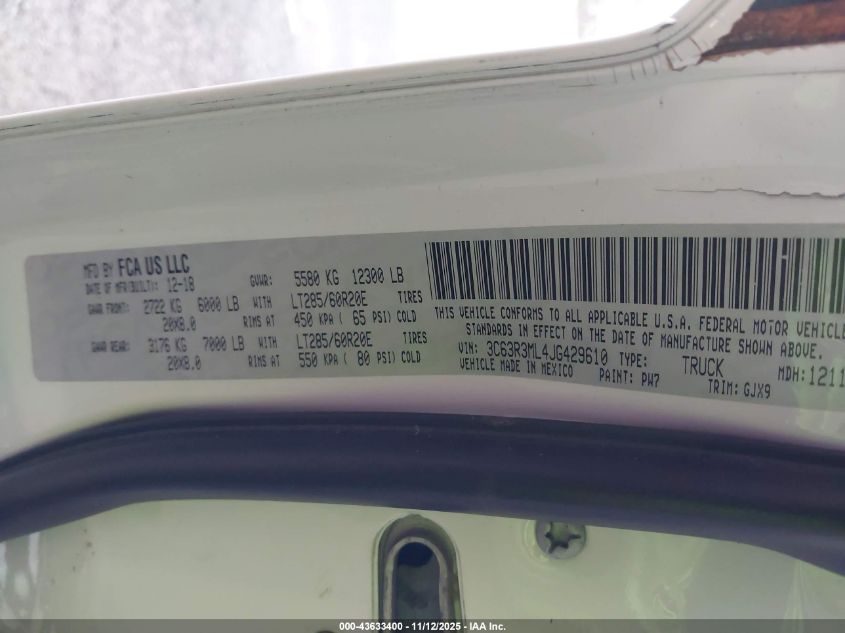 2018 Ram 3500 Laramie 4X4 6'4 Box VIN: 3C63R3ML4JG429610 Lot: 43633400