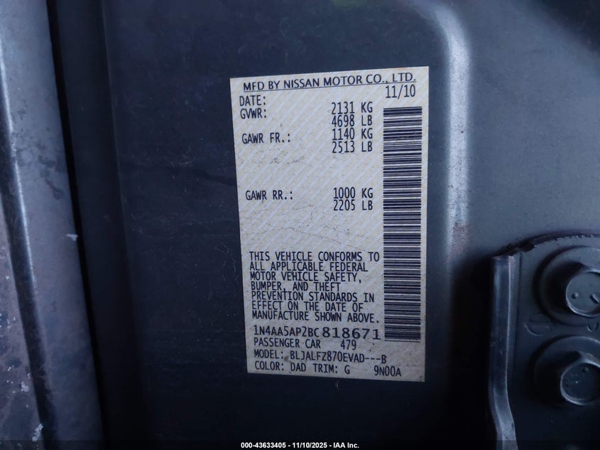 1N4AA5AP2BC818671 2011 NISSAN MAXIMA photo no. 9