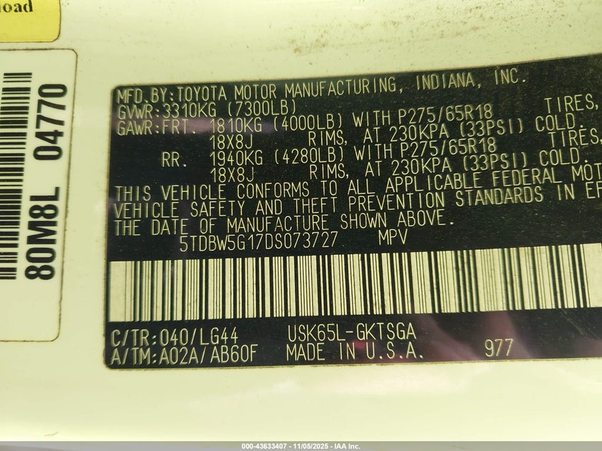 5TDBW5G17DS073727 2013 TOYOTA SEQUOIA photo no. 9