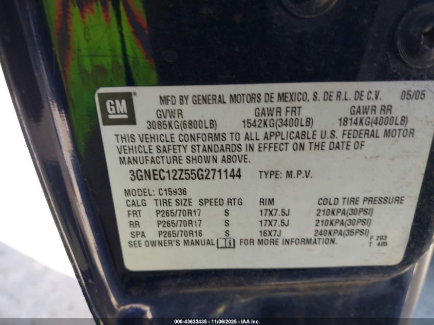 2005 Chevrolet Avalanche 1500 Z66 VIN: 3GNEC12Z55G271144 Lot: 43633435
