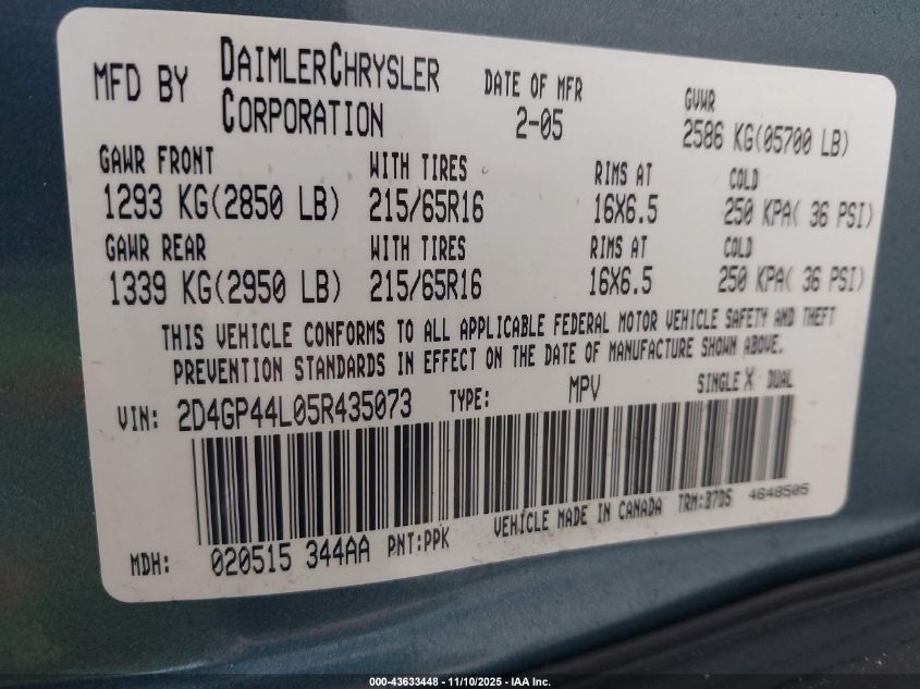 2005 Dodge Grand Caravan Sxt VIN: 2D4GP44L05R435073 Lot: 43633448