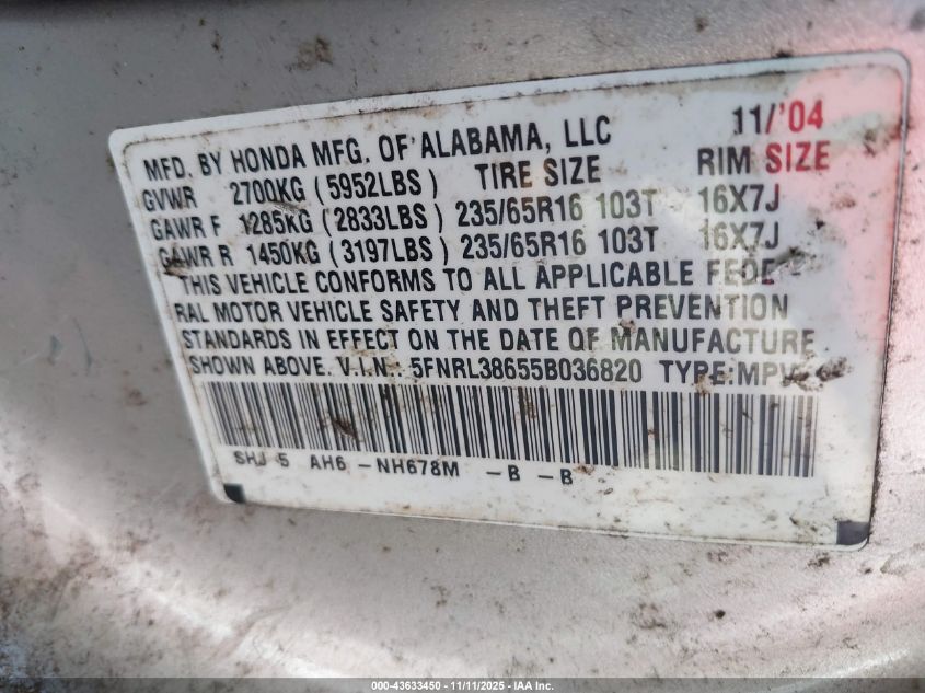 2005 Honda Odyssey Ex-L VIN: 5FNRL38655B036820 Lot: 43633450