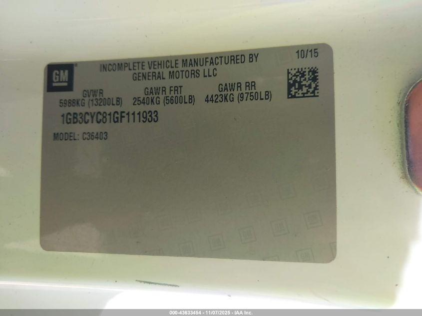 2016 Chevrolet Silverado 3500Hd Chassis Wt VIN: 1GB3CYC81GF111933 Lot: 43633454