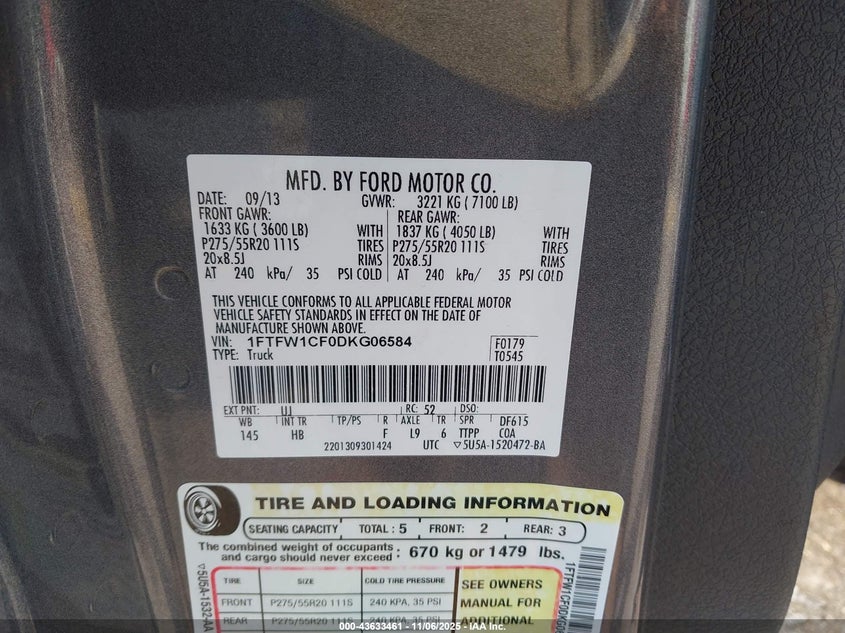 2013 FORD F-150 LARIAT 1FTFW1CF0DKG06584