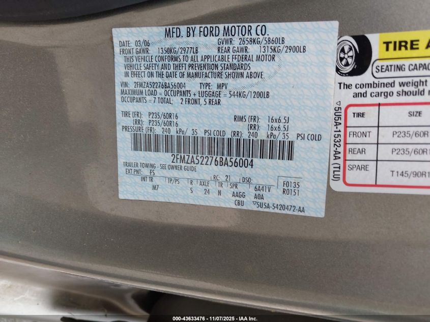 2006 Ford Freestar Sel VIN: 2FMZA52276BA56004 Lot: 43633476
